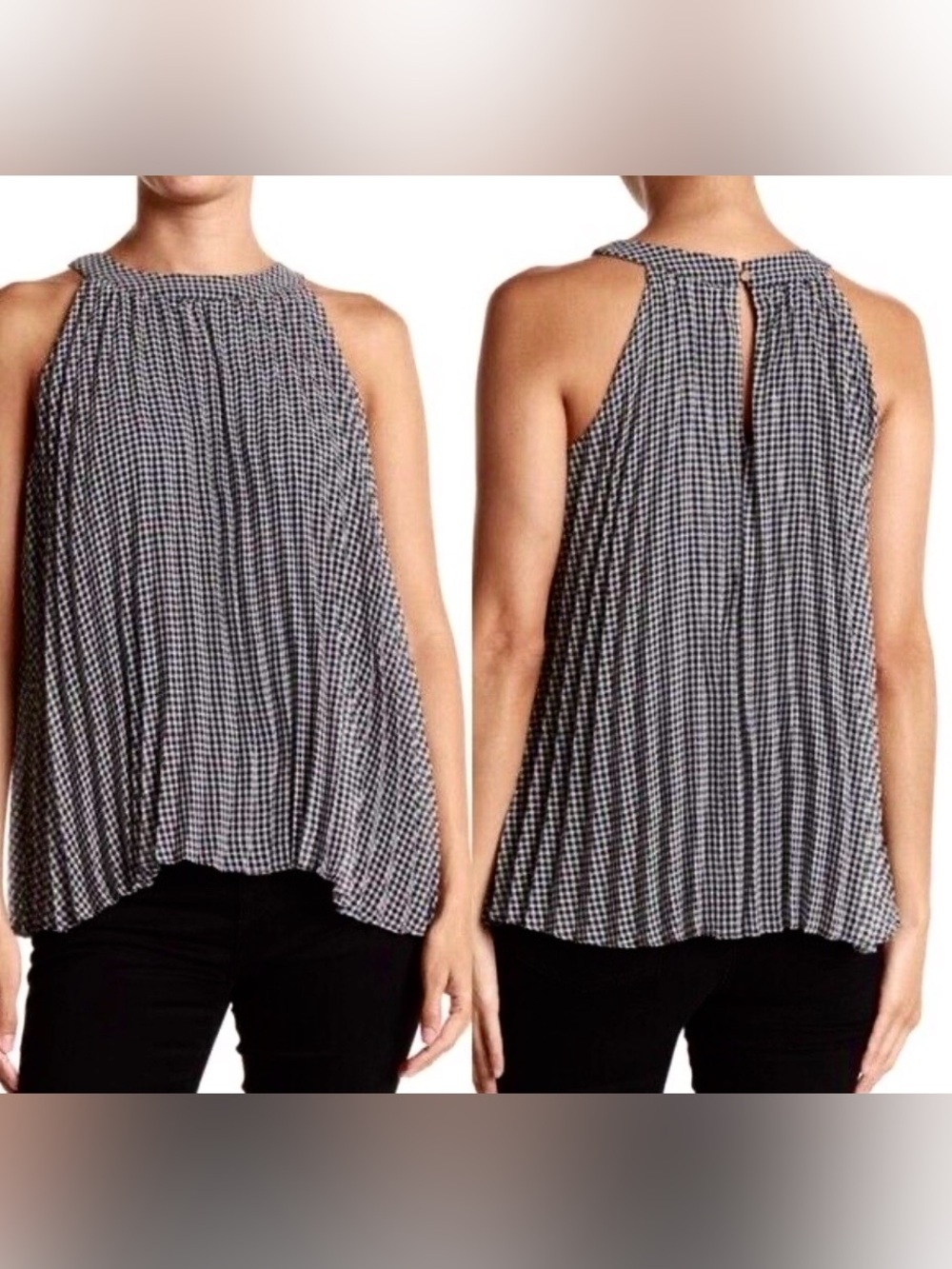 Catherine Malandrino Black & White Gingham Sleeveless Pleated Blouse Size XL